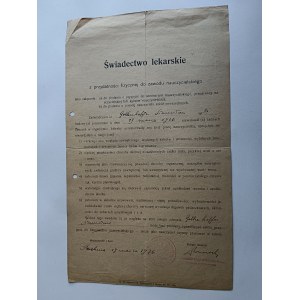ŚWIADECTWO LEKARSKIE PRZYDATNOŚCI DO ZAWODU NAUCZYCIELA, BOCHNIA 1936 R, PIECZĘCIE URZĘDOWE I IMIENNE