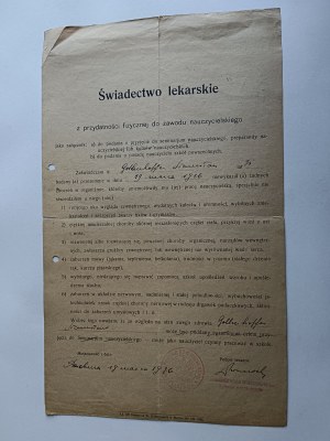 MEDICAL CERTIFICATE OF SUITABILITY FOR TEACHING PROFESSION, BOCHNIA 1936, OFFICIAL AND NAME STAMPS