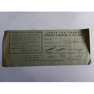 KWIT INDIA TEA TRADE, KRAKÓW UL GERTRUDY RACHUNEK 1934 R