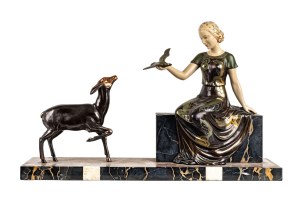Artist Unrecognized, Girl with deer and bird in art deco style, 20th century.