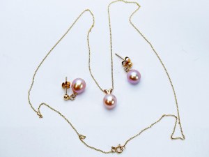 Gold 9K/375 set with pink Freshwater Pearls