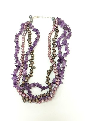 Quadruple Silver Necklace with Amethysts and Freshwater Pearls