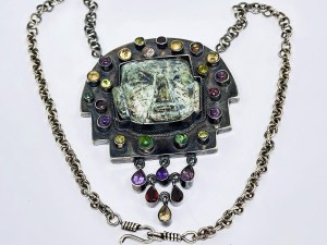 Silver Olmec necklace with Jade head and stones (Amethysts, Citrines, Garnets, etc)