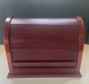 Pen - Mini Visconti pen cabinet with three drawers in lacquered cherry colored wood...