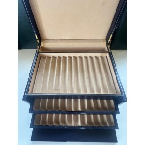 Pen - Luxurious pen cabinet in blue leather with three drawers with creamy white lining...