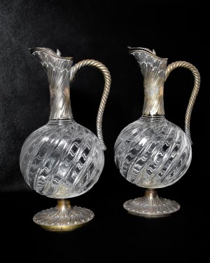 Pair of crystal wine jugs framed in silver, France 1890