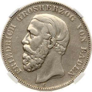 Germany Baden 5 Mark 1875 G Inverted 'V' for 'A' of BADEN NGC VF DETAILS