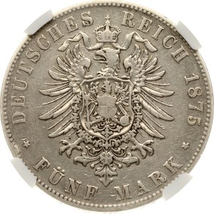Germany Baden 5 Mark 1875 G Inverted 'V' for 'A' of BADEN NGC VF DETAILS