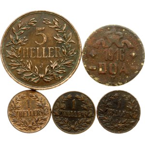 German East Africa 1 - 20 Heller 1909-1916 Lot of 5 coins