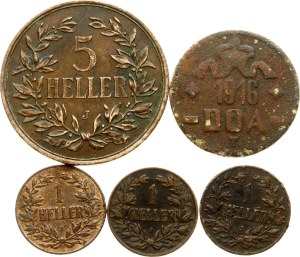 German East Africa 1 - 20 Heller 1909-1916 Lot of 5 coins