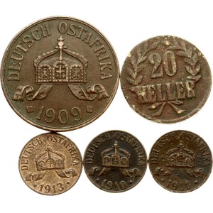 German East Africa 1 - 20 Heller 1909-1916 Lot of 5 coins