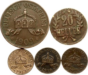 German East Africa 1 - 20 Heller 1909-1916 Lot of 5 coins