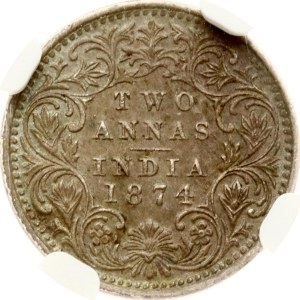 British India 2 Annas 1874 (C) NGC AU 58