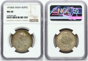 British India 1 Rupee 1918 B NGC MS 60