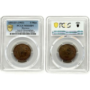Morocco 5 Mazunas AH 1321/1903 PCGS MS 64 BN MAX GRADE