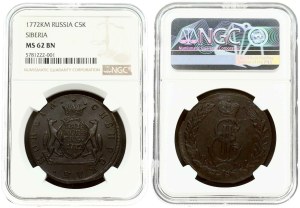 Russia Siberian 5 Kopecks 1772 КМ NGC MS 62 BN TOP POP