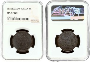 Russia 2 Kopecks 1813 КМ-АМ NGC MS 62 BN
