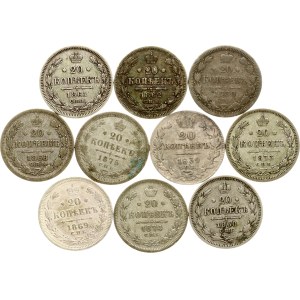 Russia 20 Kopecks 1839-1880 Lot of 10 coins