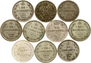 Russia 20 Kopecks 1839-1880 Lot of 10 coins