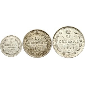 Russia 5 - 20 Kopecks 1890-1913 Lot of 3 coins