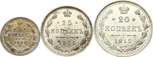 Russia 5 - 20 Kopecks 1890 & 1915 Lot of 3 coins