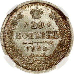Russia 20 Kopecks 1908 СПБ-ЭБ NGC MS 67 TOP POP