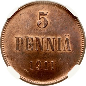 Russia For Finland 5 Pennia 1911 NGC MS 64 RB TOP POP