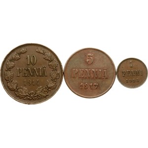 Russia For Finland 1 - 10 pennia 1914-1917 Lot of 3 coins