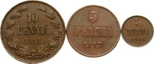 Russia For Finland 1 - 10 pennia 1914-1917 Lot of 3 coins