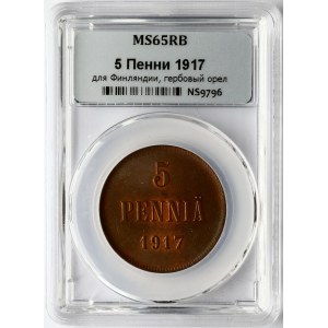 Russia For Finland 5 Pennia 1917 HHP MS 65 RB