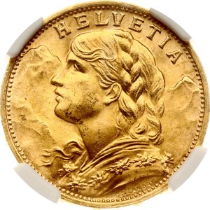 Switzerland 20 Francs 1935 LB Vreneli NGC MS 64