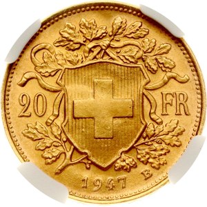 Switzerland 20 Francs 1947 B Vreneli NGC MS 65