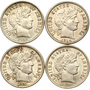 USA Barber Dime 1913-1916 Lot of 4 coins