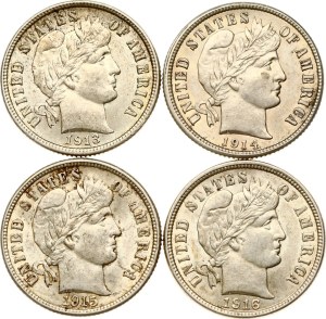USA Barber Dime 1913-1916 Lot of 4 coins