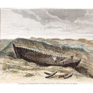 GDAŃSK. Wydobycie 600-letniego wraku łodzi na gdańskiej plaży, rys. M. ...