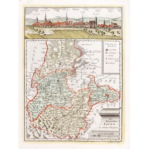 JAWOR. Panorama miasta autorstwa Friedricha Bernharda Wernera, poniżej mapa ...