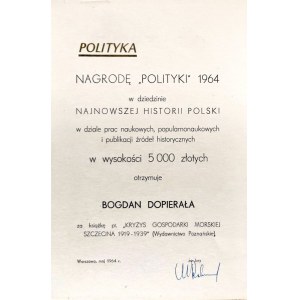 SZCZECIN, WARSZAWA. Dyplom – nagroda Polityki 1964 w dziedzinie najnowszej ...