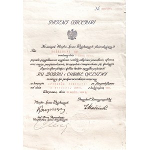 WARSZAWA. Patent oficerski wystawiony na wniosek Ministra Spraw Wojskowych dla ...