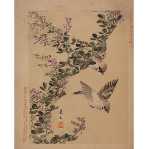 Keibun Matsumura (1779 - 1843), Dwa ptaki w czerwonych kwiatach z albumu Sho Meika Kachō Gafu, 1898
