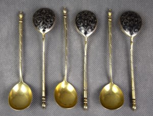 Set of 6 spoons, Pr. 84 Silver, Russia, Niello, 1860.