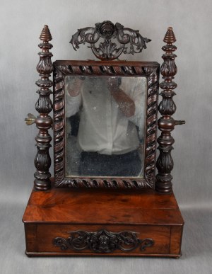 Toilette with mirror on dresser, mid-19th century.