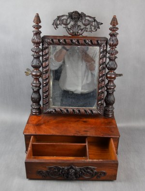 Toilette with mirror on dresser, mid-19th century.