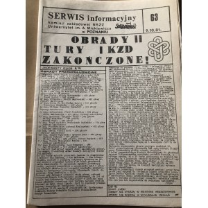 Serwis Informacyjny Komisji Zakładowej NSZZ SOLIDARNOŚĆ, Uniwersytet im. Adama Mickiewicza, nr 63, 9 października 1981