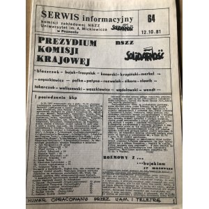 Serwis Informacyjny Komisji Zakładowej NSZZ SOLIDARNOŚĆ, Uniwersytet im. Adama Mickiewicza, nr 64, 12 października 1981