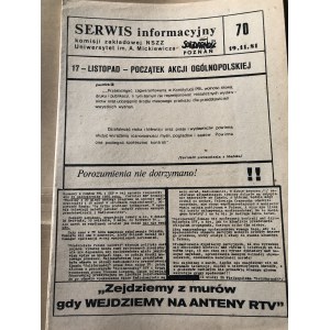 Serwis Informacyjny Komisji Zakładowej NSZZ SOLIDARNOŚĆ, Uniwersytet im. Adama Mickiewicza, nr 70, 19 listopada 1981