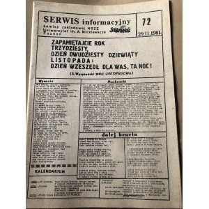 Serwis Informacyjny Komisji Zakładowej NSZZ SOLIDARNOŚĆ, Uniwersytet im. Adama Mickiewicza, nr 72, 29 listopada 1981