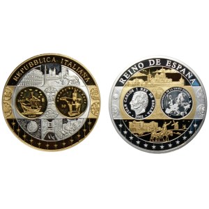 Hiszpania, Włochy, medal wspólna waluta Europy, Ag 999, zestaw 2 sztuk