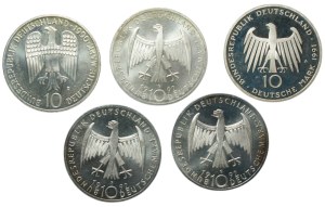 Germany, 10 marks 1989, 1990, 1991 and 1992, set of 5 coins, Ag625