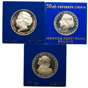 People's Republic of Poland, 50 and 100 zloty 1972, 1975, ( Frederic Chopin, Helena Modrzejewska, Ignacy Jan Paderewski), set of 3 pieces