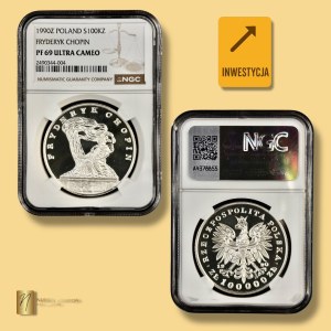 III RP, Small Triptych, 100,000 gold 1990, Frederic Chopin, NGC PF69 UC
